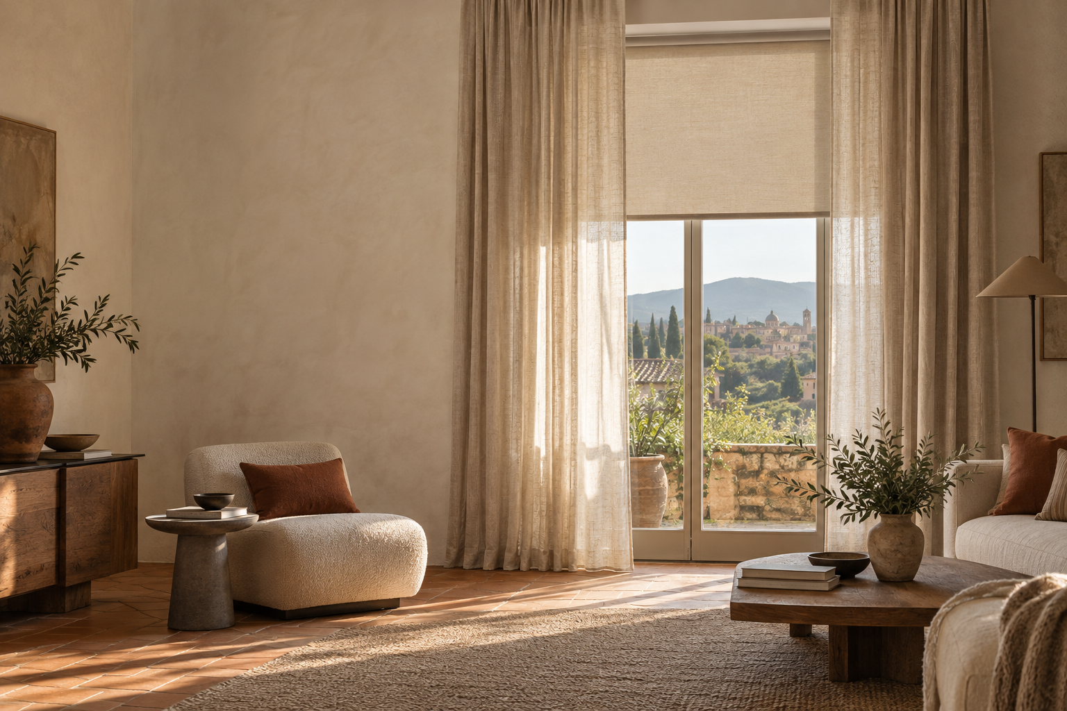 Linen curtains and shading in a calm interior